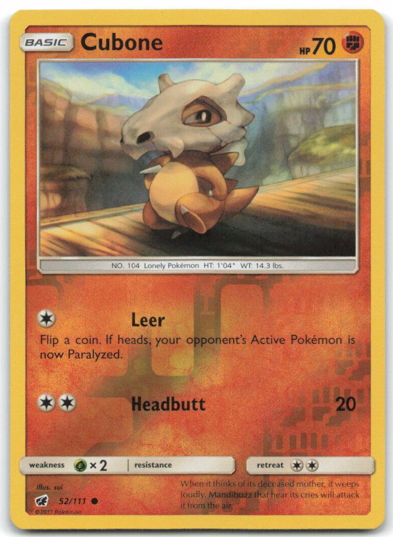 2017 Pokemon Sun & Moon Crimson Invasion Reverse Holo Cubone #52