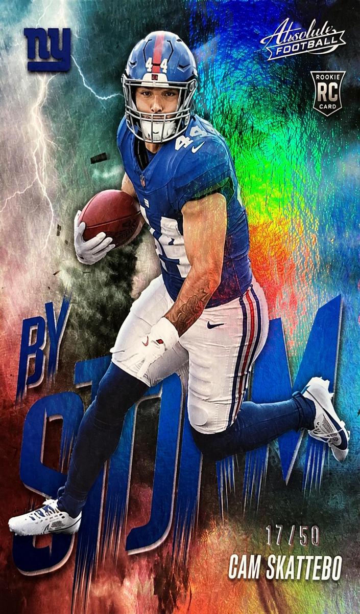 2025 Panini Absolute Football Spectrum Blue Cam Skattebo #2 PSA 8