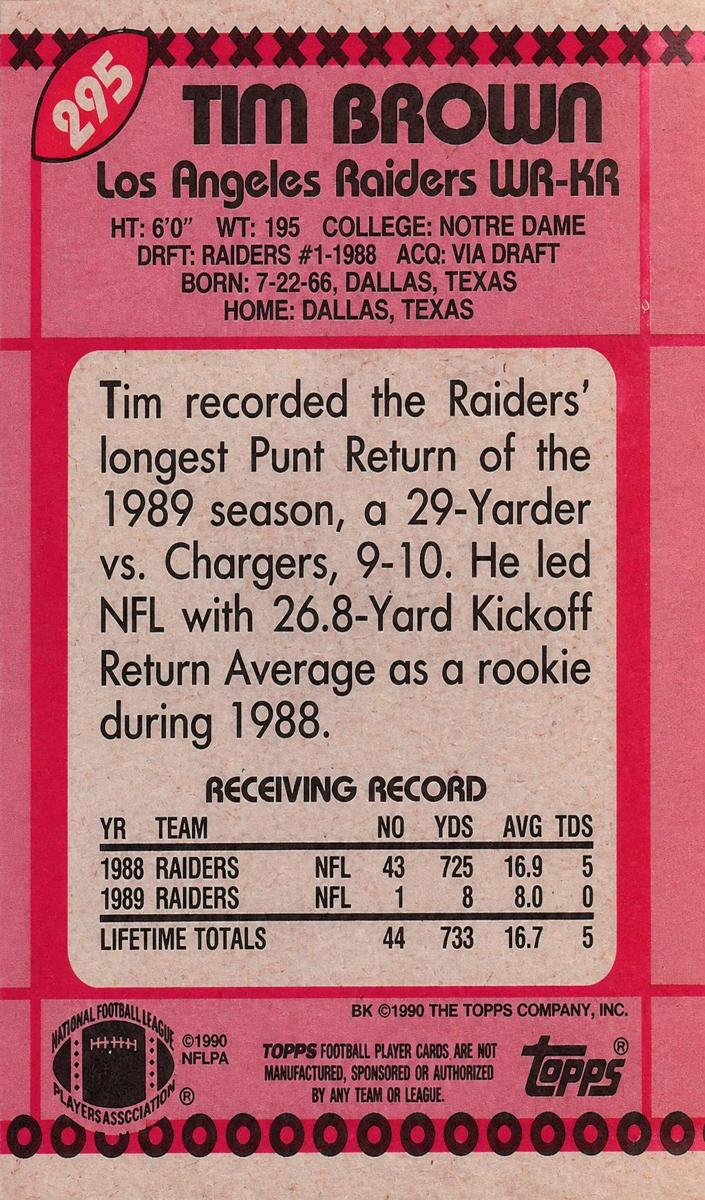 1990 Topps Football Disclaimer Back Tim Brown #295