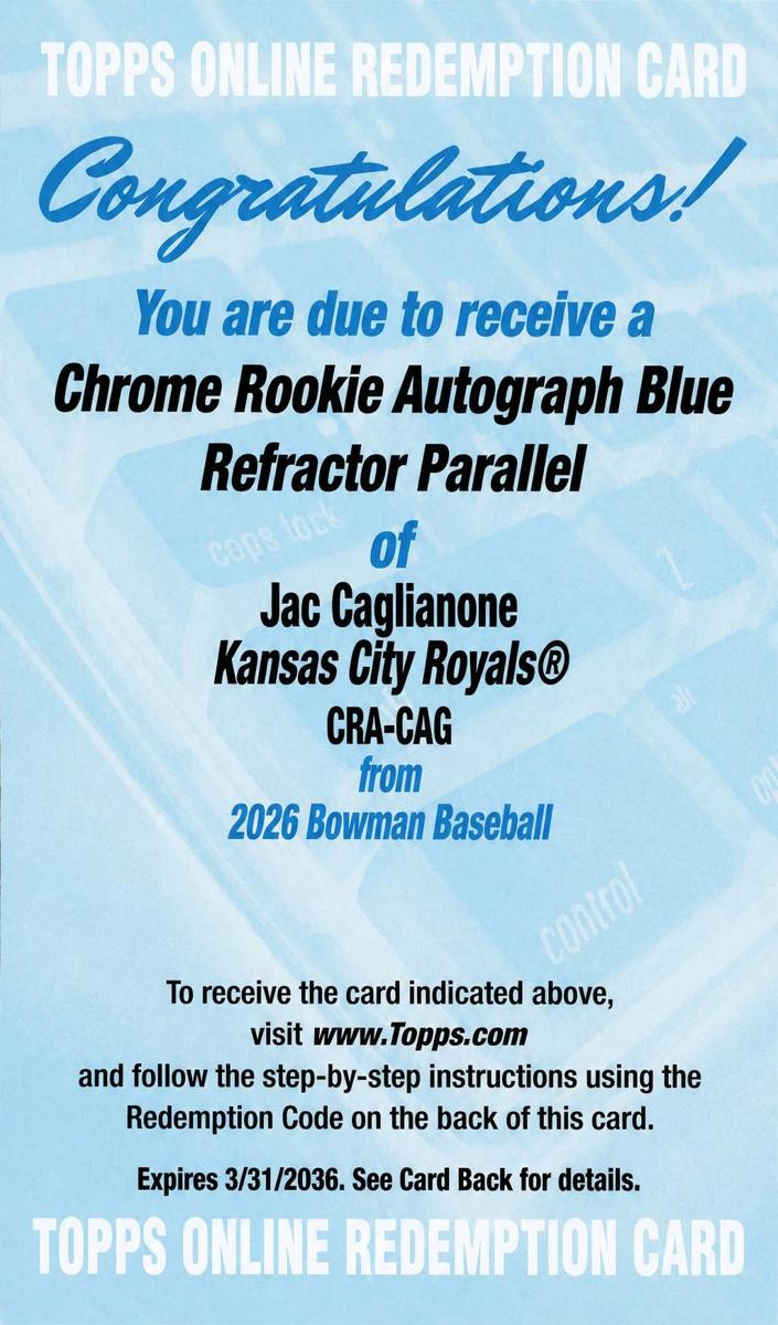 2026 Bowman Baseball Blue Refractor Jac Caglianone #CRA-CAG