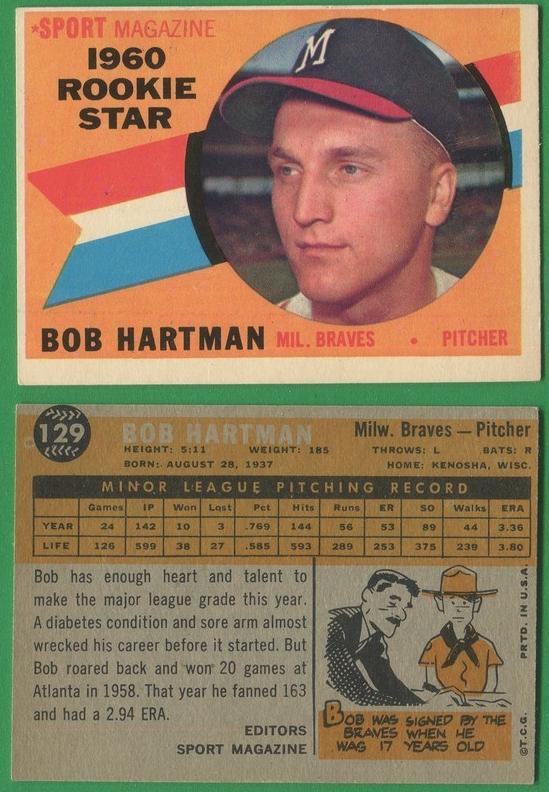 1960 Topps Baseball Rookie Star Bob Hartman #129 PSA 6.5