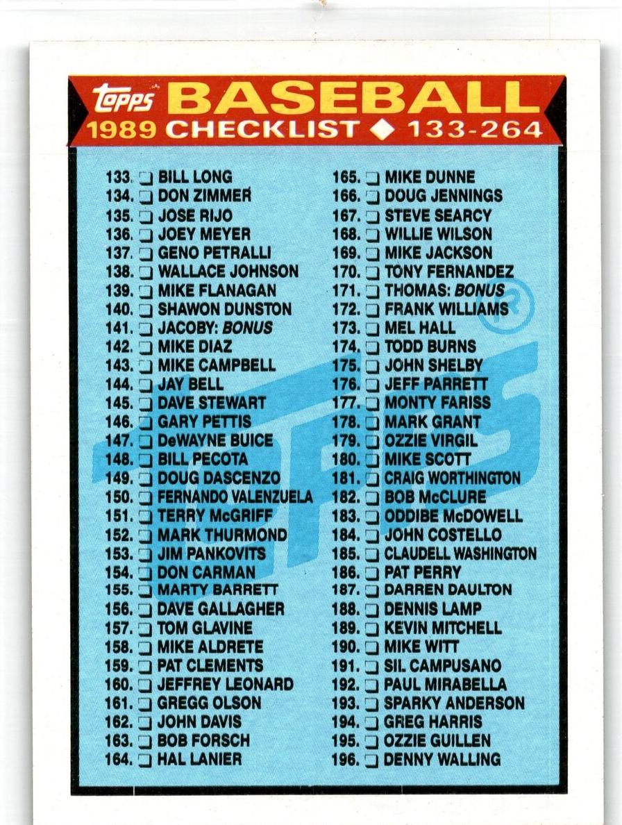 1989 Topps Baseball Checklist #258 PSA 8