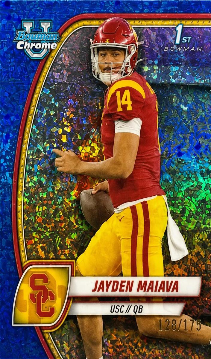 2024 Bowman Chrome University Football Blue Mini Diamond Refractor Jayden Maiava #195